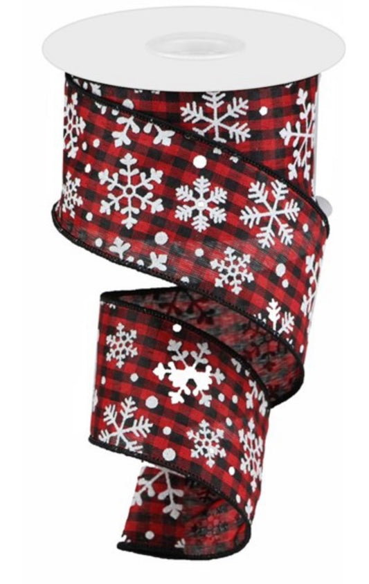 10 Yards - 2.5" Wired Red and Black Check Glitter Snowflake Ribbon