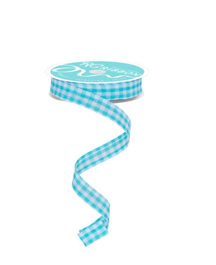 10 Yards - 5/8” Wired Turquoise Blue and White Gingham Check Accent Ribbon