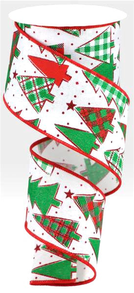 10 Yards - 2.5” White Background Green Christmas Tree Ribbon