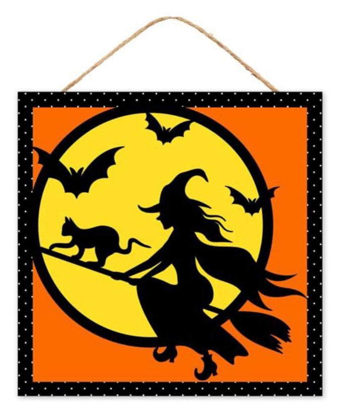 10” Square Witch on Broom Halloween Wreath Sign