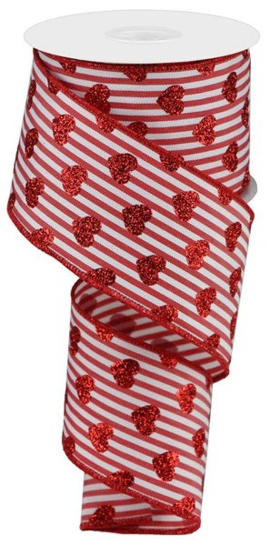 Wired Glitter Hearts on Stripes Ribbon-2.5”x10 Yards