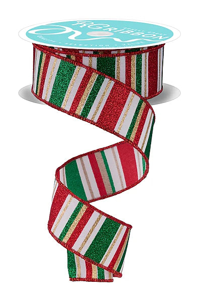 Wired Emerald, Red, and White Horizontal Stripe Glitter Accent Ribbon- 1.5”x10 Yards