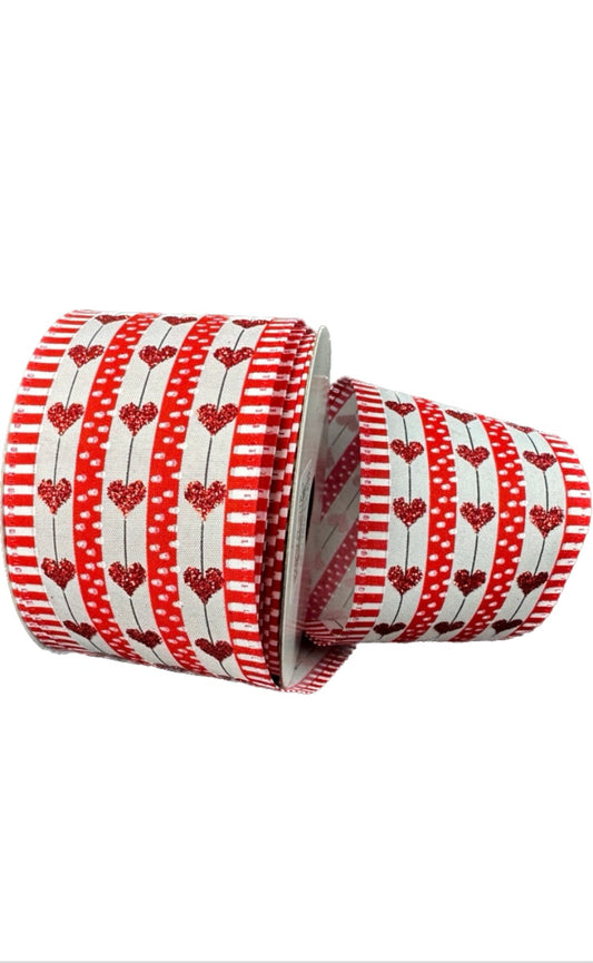 Wired White Red Stripes Dot Hearts Glitter Accent Valentines Day Ribbon- 2.5”x10 Yards