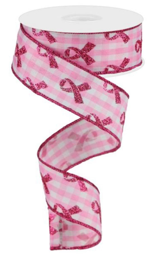 10 Yards - 1.5” Wired Pink and White Gingham Check Breast Cancer Awareness Ribbon with Glitter Accent