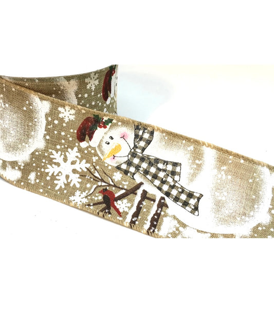 50 Yards - 2.5” Natural Background Winter Snowman Ribbon