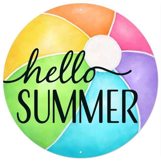 12” Round Metal Hello Summer Beach Ball  Wreath Sign