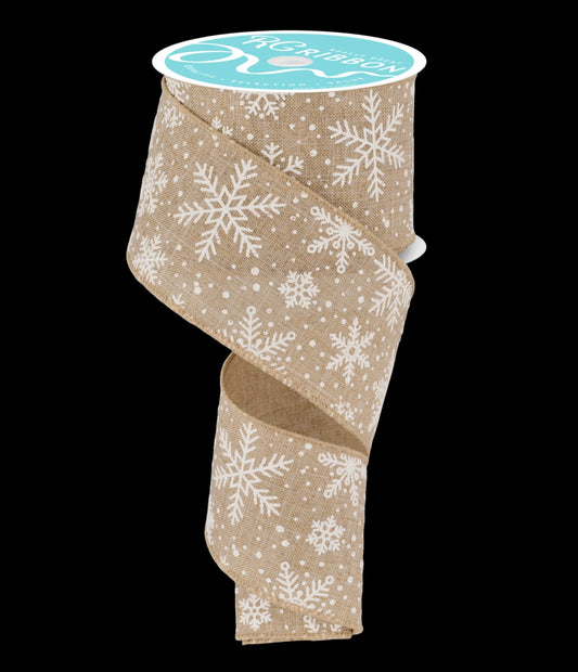 10 Yards - 2.5” Wired Natural and White Glitter Winter Snowflake Ribbon