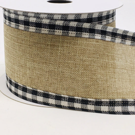 10 Yards - 2.5” Wired Natural Background with Black and White Check Edge Ribbon