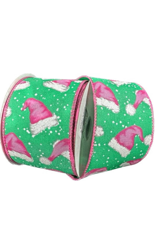 Wired Pink Santa Hats on Green Backrest Ribbon- 2.5”x10 Yards