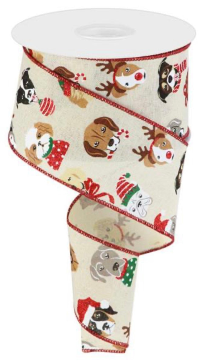 10 Yards - 2.5” Wired Cream Background Christmas Pooch Dog Ribbon with Glitter Accent and Red Edge