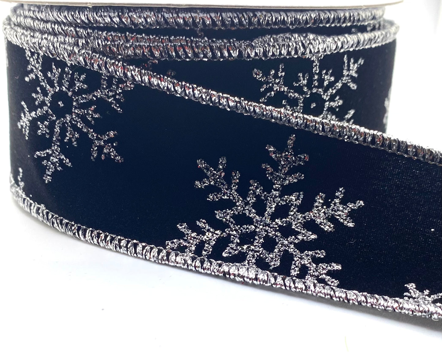 10 Yards - 1.5” Wired Black Velvet Silver Glitter Snowflakes Ribbon