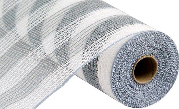 10.5” x 10 Yards White and Gray Faux Jute Thin Stripe Mesh