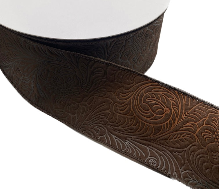 50 Yards - 2.5" Wired Chocolate Brown Floral Design Embossed Ribbon