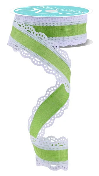 Wired Lime Green Ribbon with White Lace Detail-1.5”x10 Yards