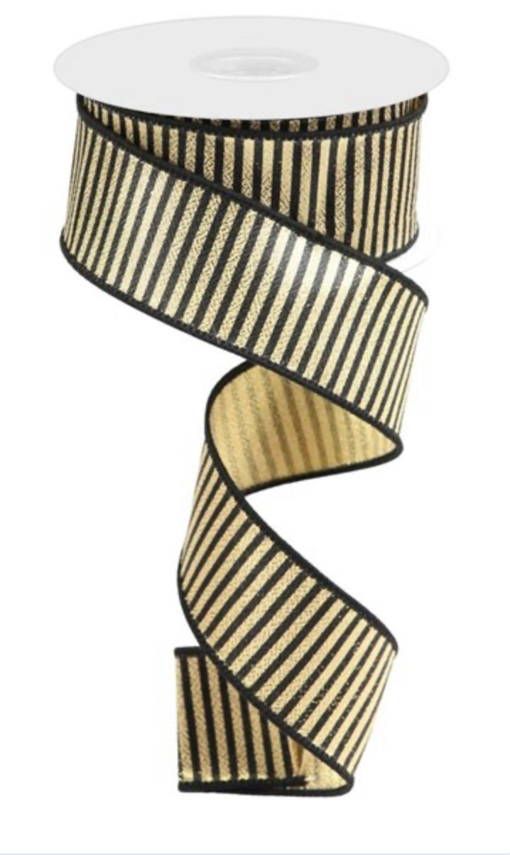 10 Yards - 1.5” Wired Black and Metallic Gold Stripe Ribbon