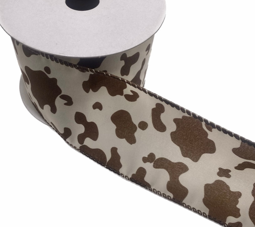 10 Yards - 2.5” Wired Brown and Cream Cow Print Ribbon