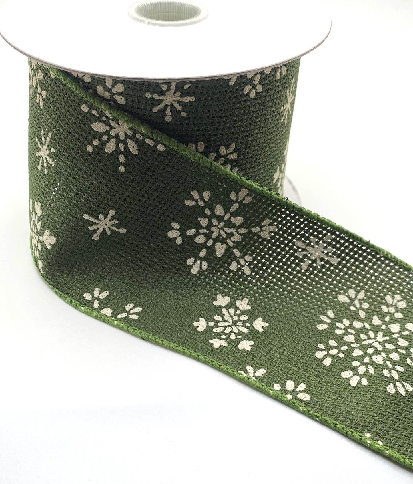 10 Yards - 2.5”Wired Moss Green and White Snowflake Ribbon