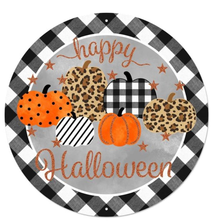 12” Round Metal Happy Halloween Pumpkin Wreath Sign