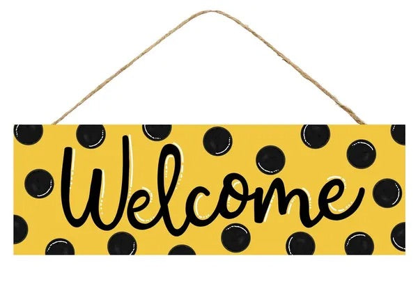 Yellow, Black and White Polka Dot Welcome Wreath Sign - Bee Inspired Wreath Sign- 15”x5”