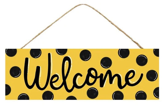 Yellow, Black and White Polka Dot Welcome Wreath Sign - Bee Inspired Wreath Sign- 15”x5”