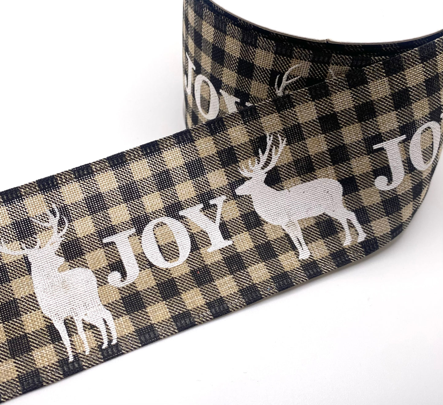 10 Yards - 2.5" Wired Black and Cream Check Joy Reindeer Ribbon