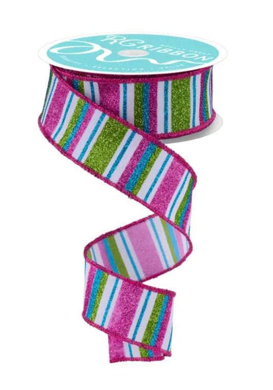 Wired Lime, Pink, Teal, and White Horizontal Stripe Glitter Accent Ribbon- 1.5”x10 Yards