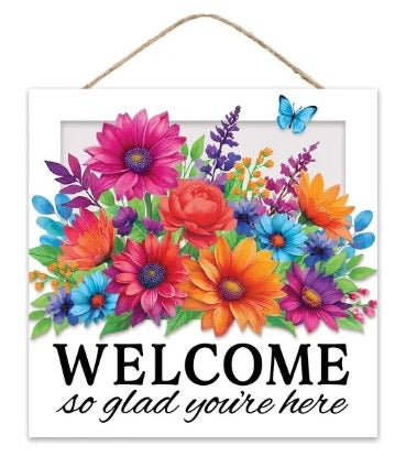 10” Square Bold Welcome So Glad You’re Here Wreath Sign