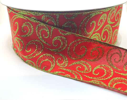 50 Yards - 2.5” Red Background with Green Swirls Christmas Ribbon