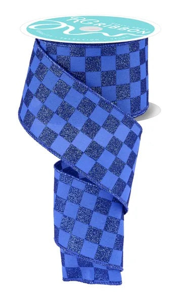 Wired Blue Print Glitter Check Ribbon- 2.5”x10 Yards