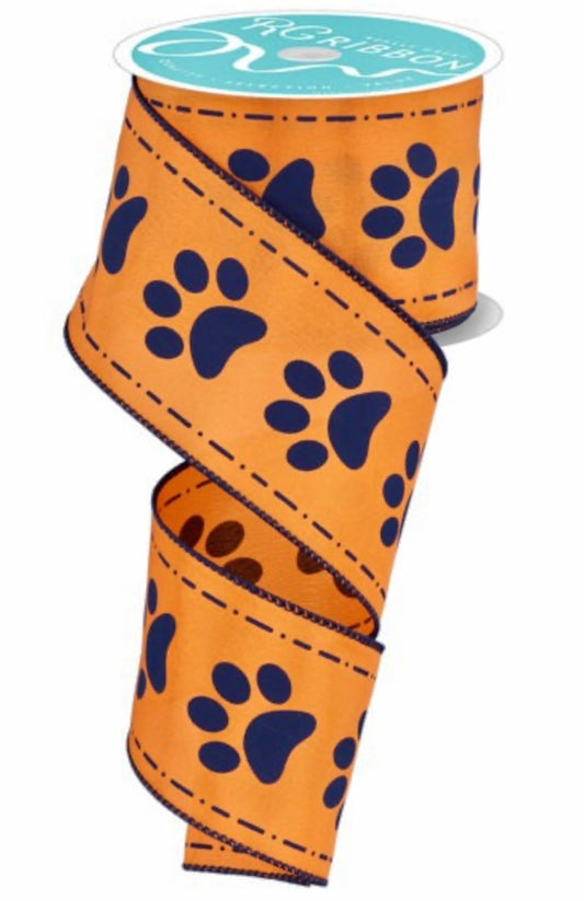 10 Yards - 2.5" Wired Orange and Blue Paw Print Dog Ribbon