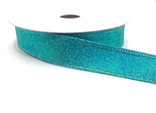 10 Yards - 7/8" Wired Teal All Flat Glitter Ribbon