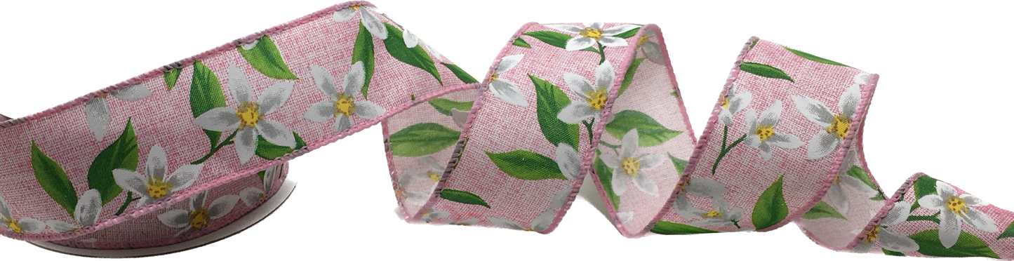 10 Yards - 1.5” Wired White Lilly Flowers on Pink Background Ribbon