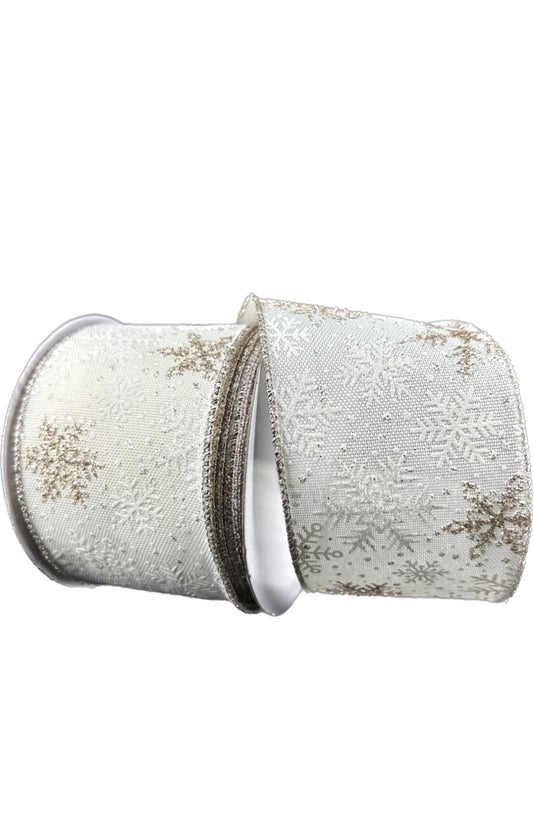 Wired Cream Linen Champagne Glitter Snowflake Ribbon-2.5”x10 Yards