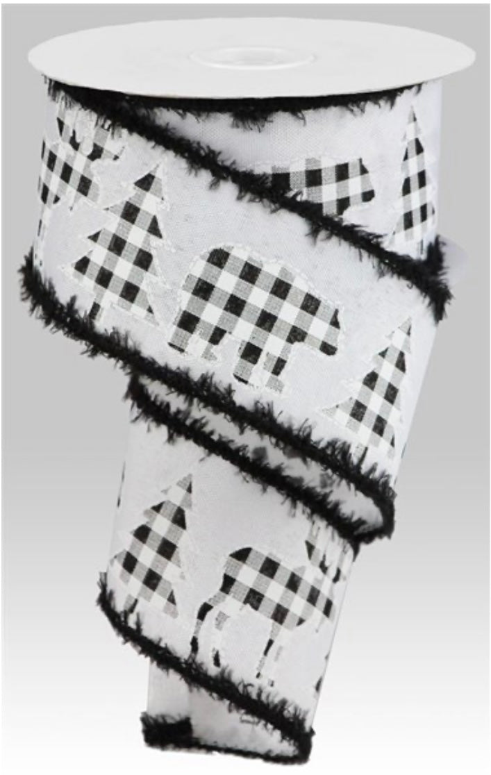 10 Yards - 2.5" Wired White and Black Check Moose, Tree and Bear with Snowdrift Edge Ribbon