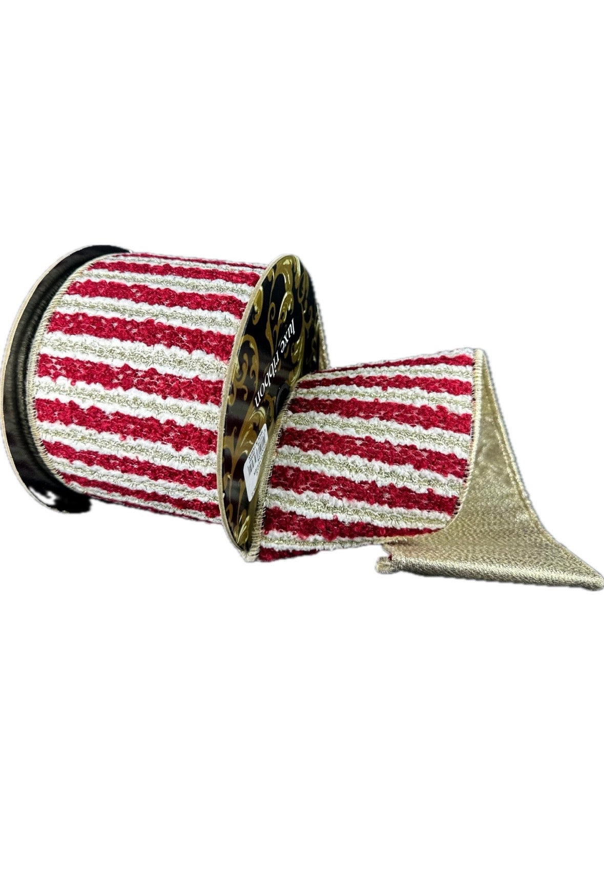 Wired Dark Red White Champagne Chenille Stripes/Gold Metallic Back Ribbon- 4”x5” Yards