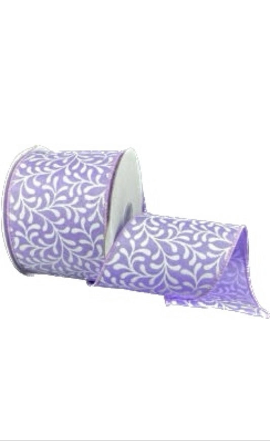 Wired Lavender Satin White Rounded Vines Ribbon- 2.5” x 10 Yards