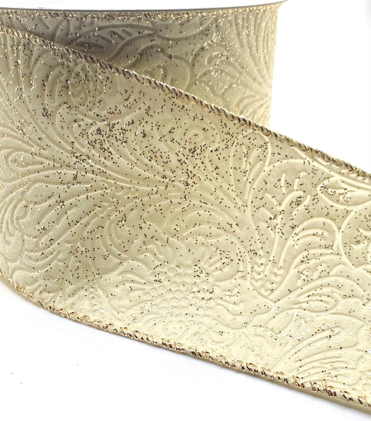 10 Yards - 2.5” Wired Ivory Champagne Glittered Floral Embossed Ribbon