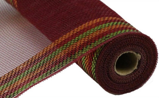 10.5”x 10 Yards Burgundy, Brown and Moss Green Border Stripe Mesh