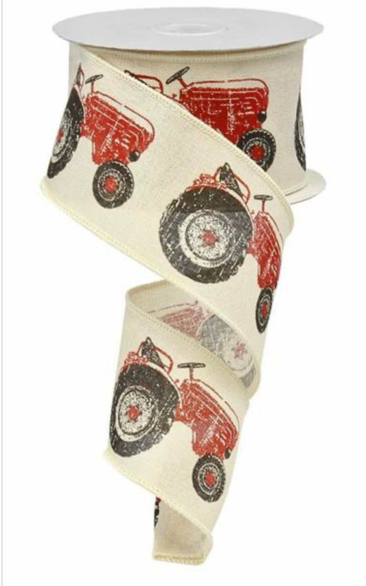 10 Yards - 2.5" Wired Creme Background Red Tractor Ribbon