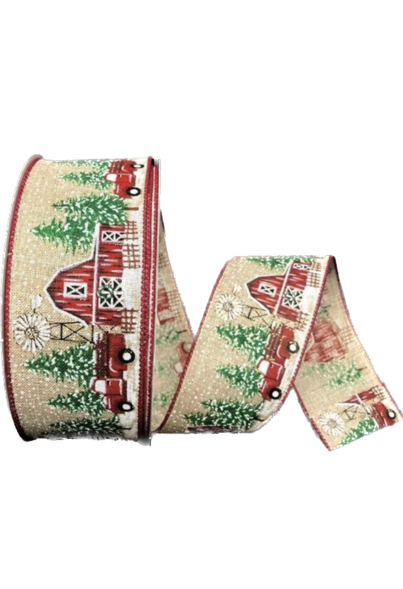 50 Yards - 2.5” Natural Background Winter Farm Barn And Truck Christmas Ribbon