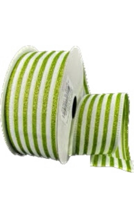 Wired White Ponche Lime Glitter Cabana Strip Ribbon-1.5”x10 Yards
