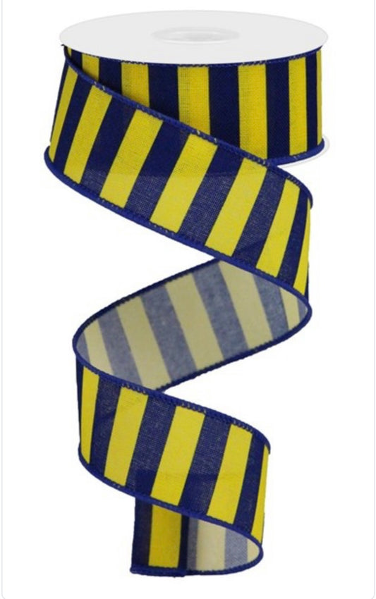 10 Yards - 1.5” Yellow with Horizontal Navy Stripes Ribbon - Everyday Ribbon