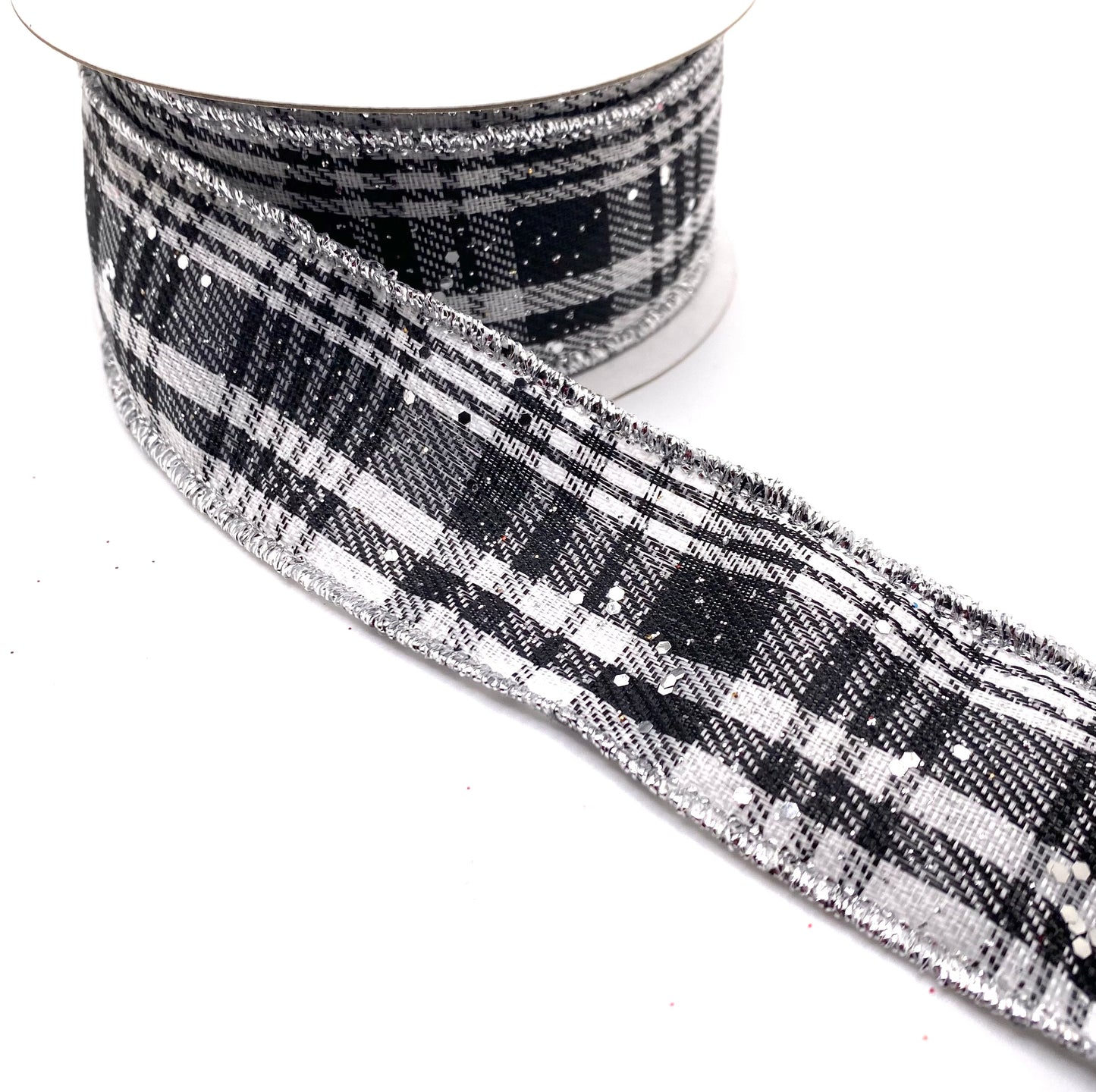 10 Yards - 1.5” Wired White Glittered Black White Silver Plaid Ribbon