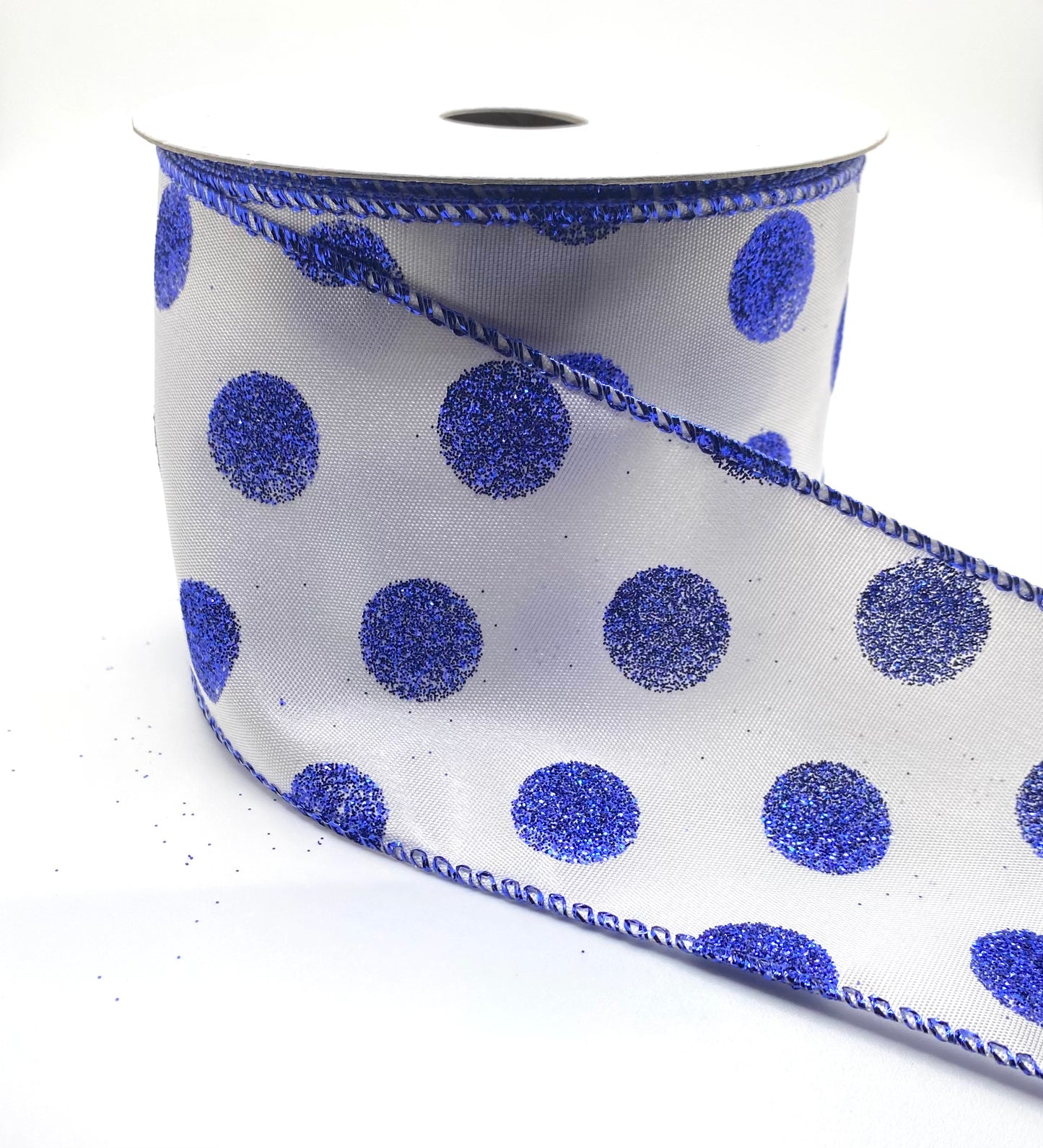 10 Yards - 2.5” Wired White with Blue Glitter Polka Dot Ribbon