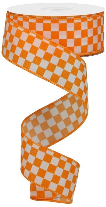 10 Yards - 1.5” Wired Orange White Check Ribbon