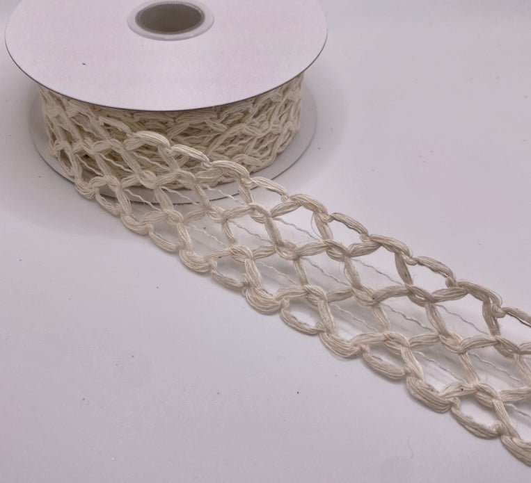 10 Yards - 1.5" Wired White Hexagon Open Weave Ribbon - Netting Ribbon