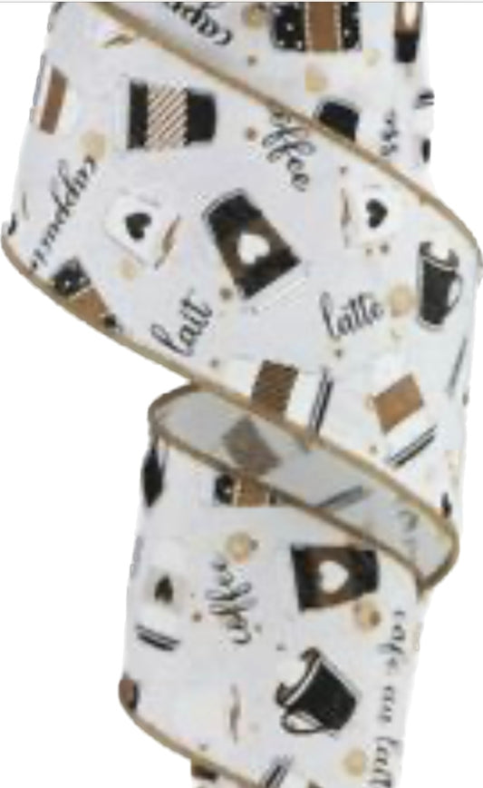 10 Yards - 2.5”Wired Coffee and Latte White Background Ribbon