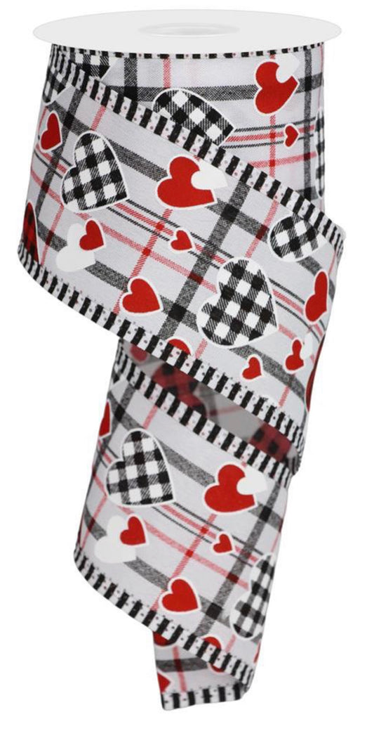 10 Yards - 2.5" Wired White Background Plaid Background Check Hearts Valentines Day Ribbon with Stripe Edge