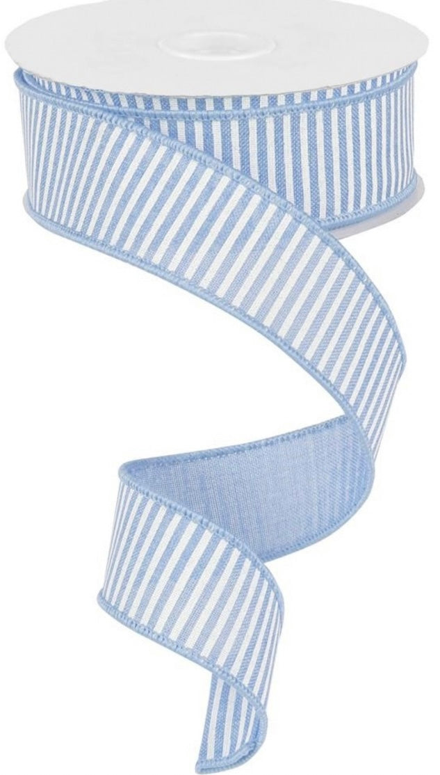 10 Yards - 7/8” Wired Blue and White Horizontal Print Ribbon