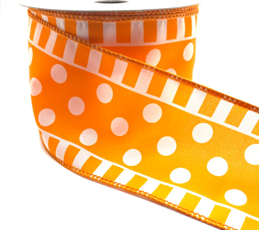 10 Yards - 2.5” Wired Orange with White Polka Dot and Stripes Ribbon